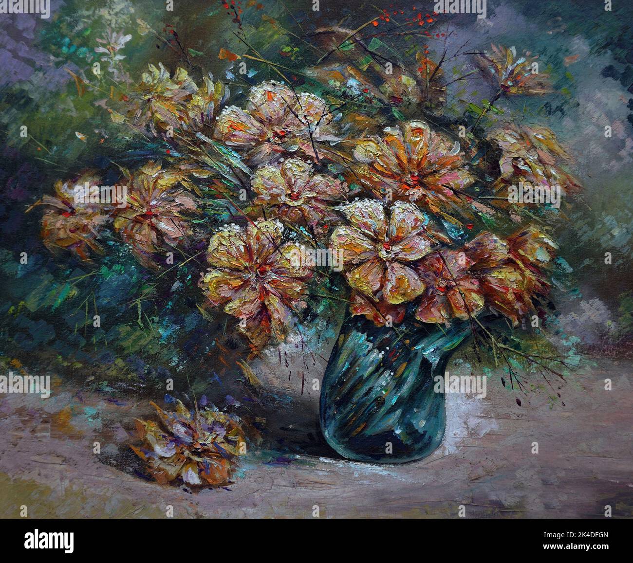 Pittura d'arte olio colore fiore in vaso , flora , fiore , fiore , petalo Foto Stock