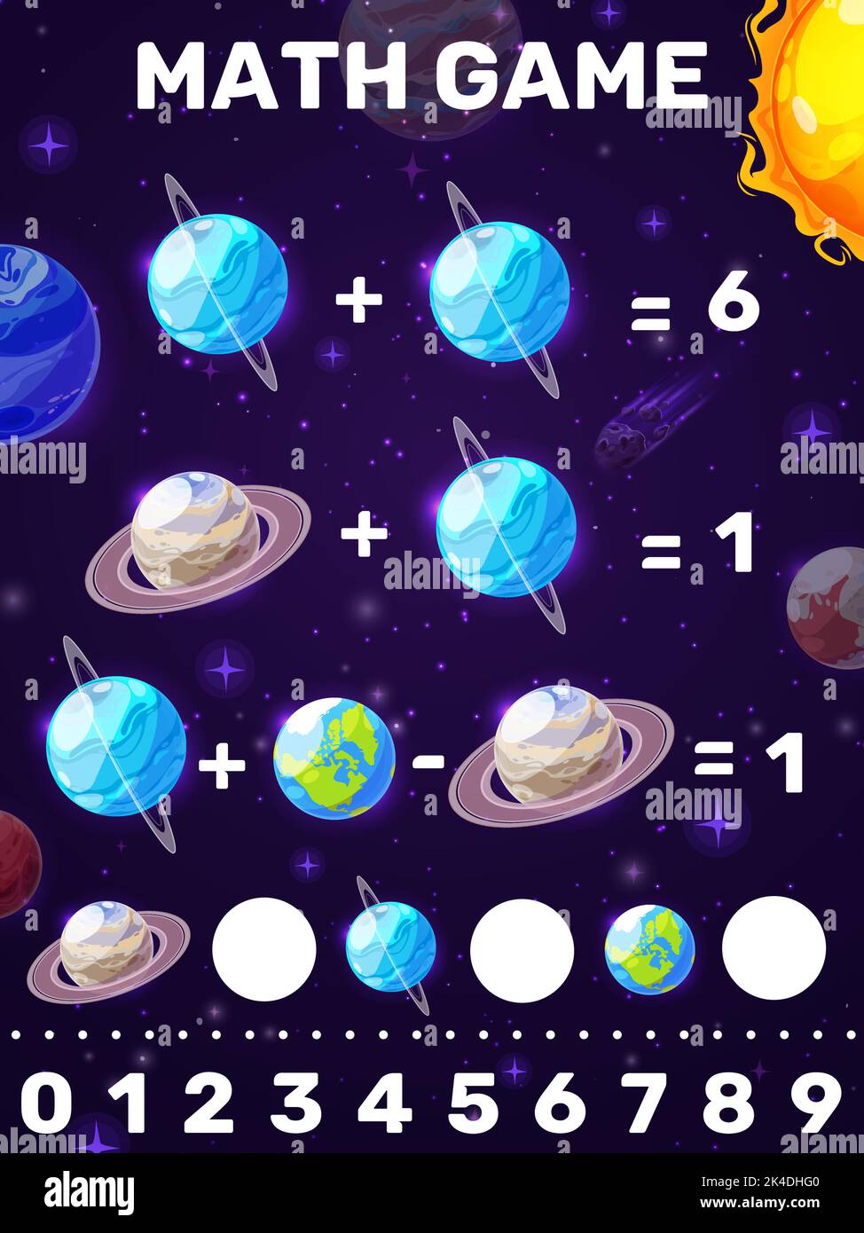 Foglio di lavoro del gioco di matematica. Cartoon galassia spazio pianeti e stelle. Puzzle educativo per bambini con compiti di addizione e sottrazione, bambini indovinello o matematica vettore quiz con sistema solare Terra e Saturno pianeti Illustrazione Vettoriale