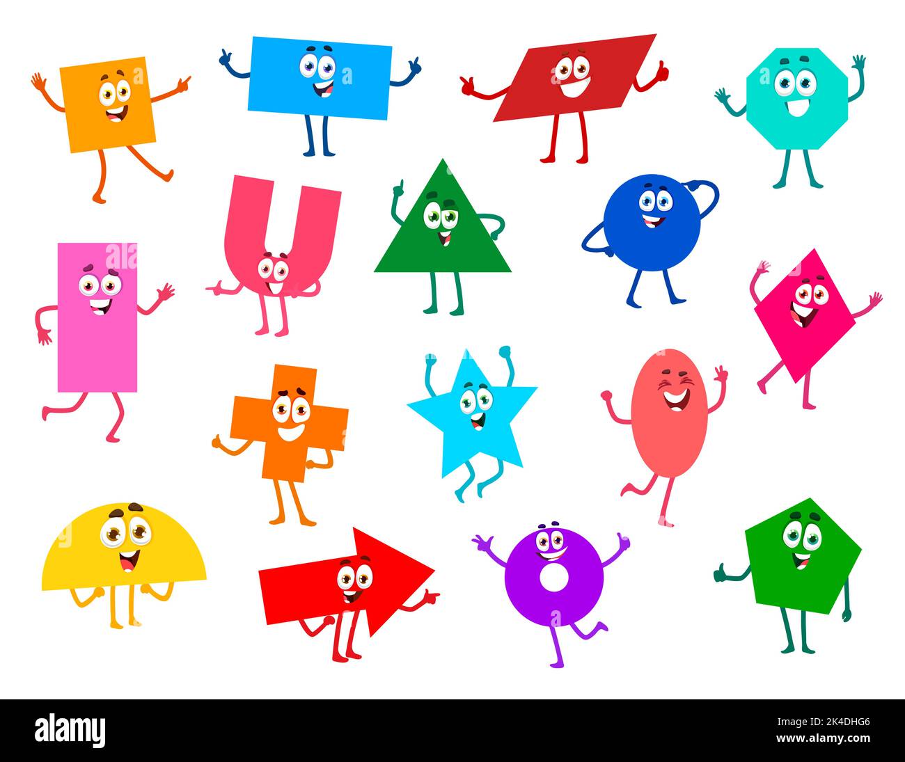 Caratteri di forma matematica o figure geometriche cartoni animati, simboli di educazione vettoriale. Forma matematica personaggi triangolo, quadrato e cerchio, divertente set di scuola base geometria, cute stella e esagono Illustrazione Vettoriale