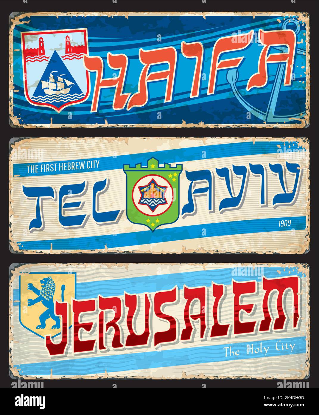 Haifa, Tel Aviv, adesivi e targhe di viaggio della città di Gerusalemme, cartelli vintage in stagno. Etichette per bagagli di viaggio in Israele o etichette per bagagli turistici e targhe metalliche con simboli e punti di riferimento della capitale Illustrazione Vettoriale
