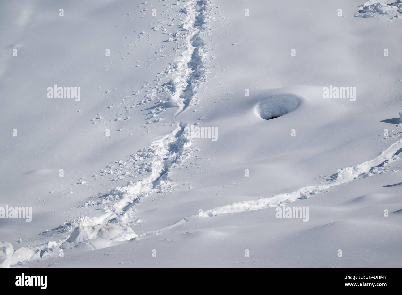 Neve fresca con segni da rocce in caduta. Foto Stock
