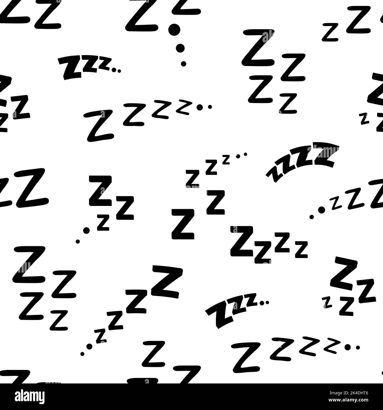 ZZZ, letto a zzz sonno snore modello senza cuciture. Sleep, Dream, Nap o Rest effetti sonori sfondo vettoriale con onomatopea monocromatica segni di lettera z. Suoni di snore o apnea su sfondo bianco Illustrazione Vettoriale