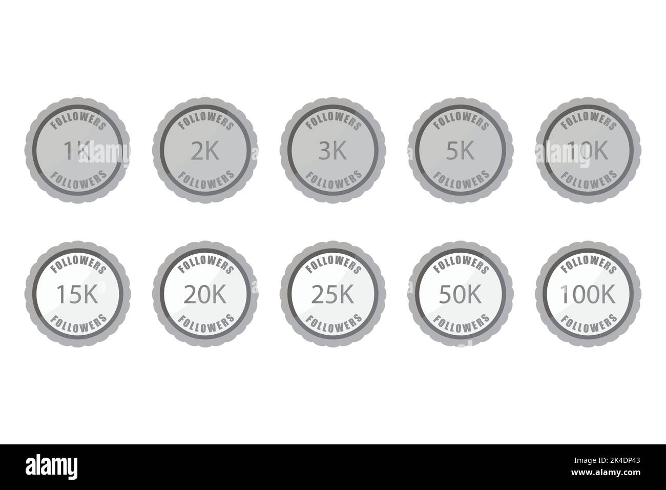 Set di etichette per badge con numero di follower, 5k, 10k, 100k. Illustrazione vettoriale. Migliaia di seguaci, anniversario seguono set, emblema di notigazione, b Illustrazione Vettoriale