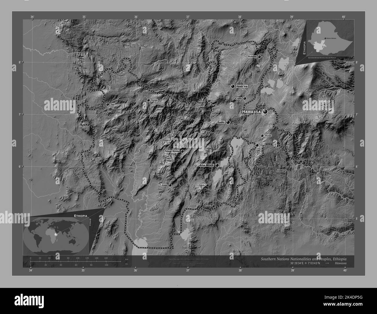 Nazionalità e popoli delle Nazioni del Sud, stato dell'Etiopia. Mappa altimetrica bilivello con laghi e fiumi. Località e nomi delle principali città di Th Foto Stock
