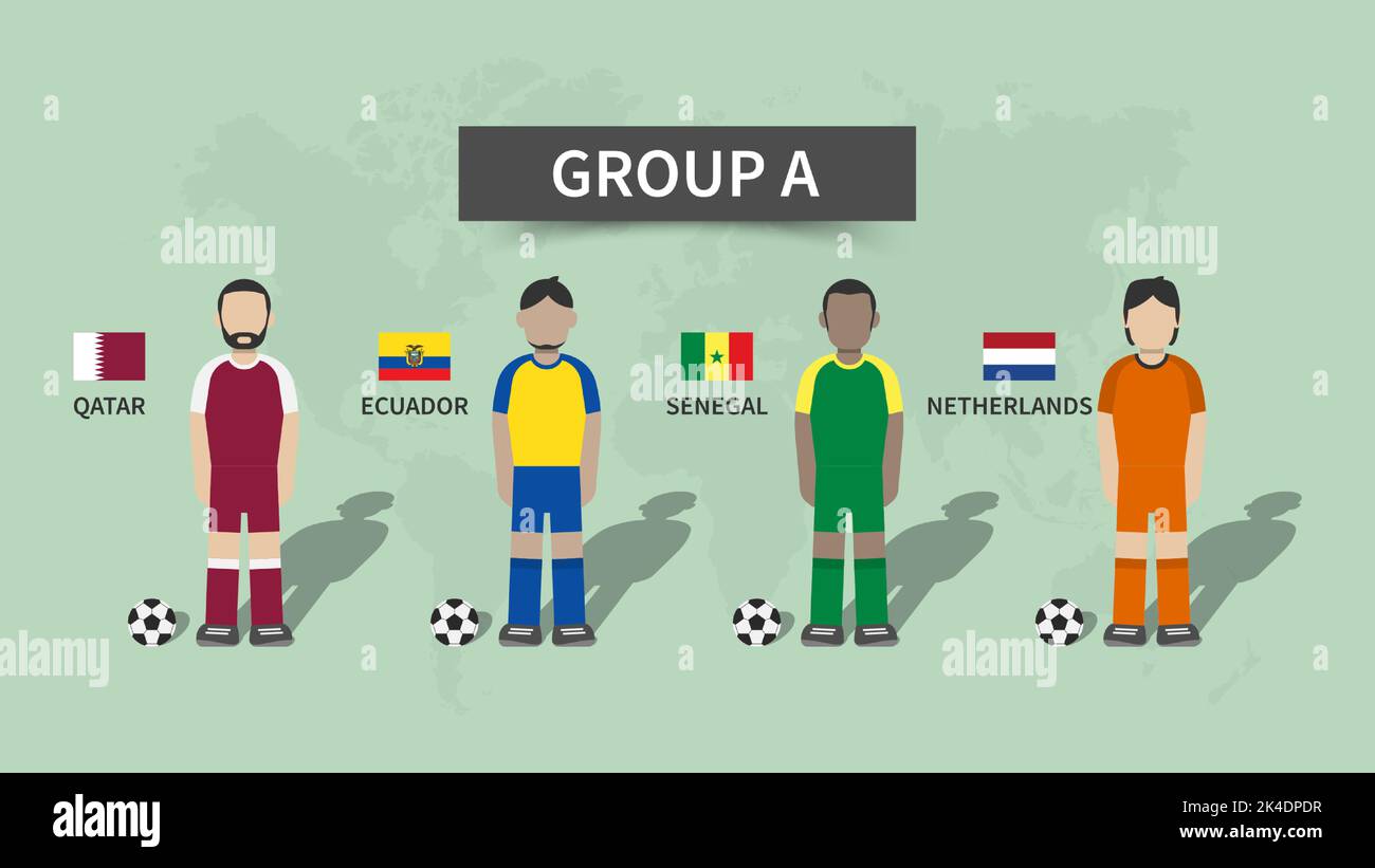 Qatar fifa World Cup torneo di calcio 2022 . 32 squadre palcoscenici di gruppo e personaggio dei cartoni animati con jersey e bandiere nazionali . Design piatto . Vettore . Illustrazione Vettoriale