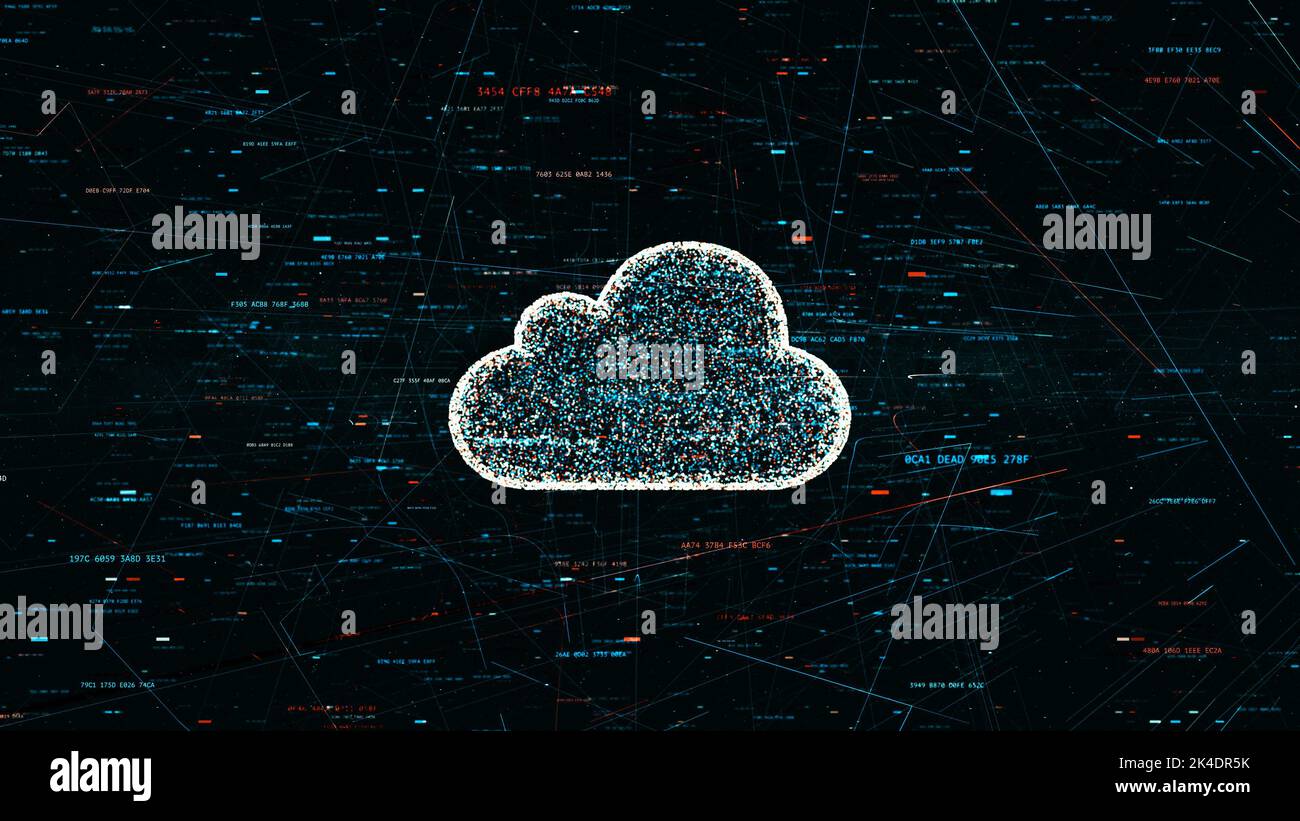 Illustrazione 3D, simbolo della tecnologia cloud nel mondo digitale moderno con codici hash casuali e altri rumori digitali intorno al simbolo del cloud Foto Stock