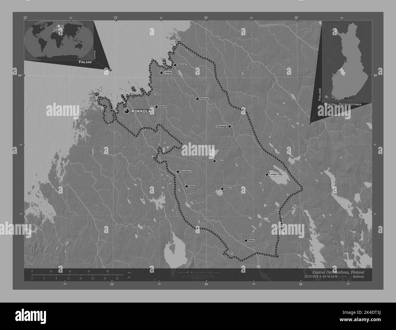 Ostrobothnia centrale, regione della Finlandia. Mappa altimetrica bilivello con laghi e fiumi. Località e nomi delle principali città della regione. Angolo auxili Foto Stock