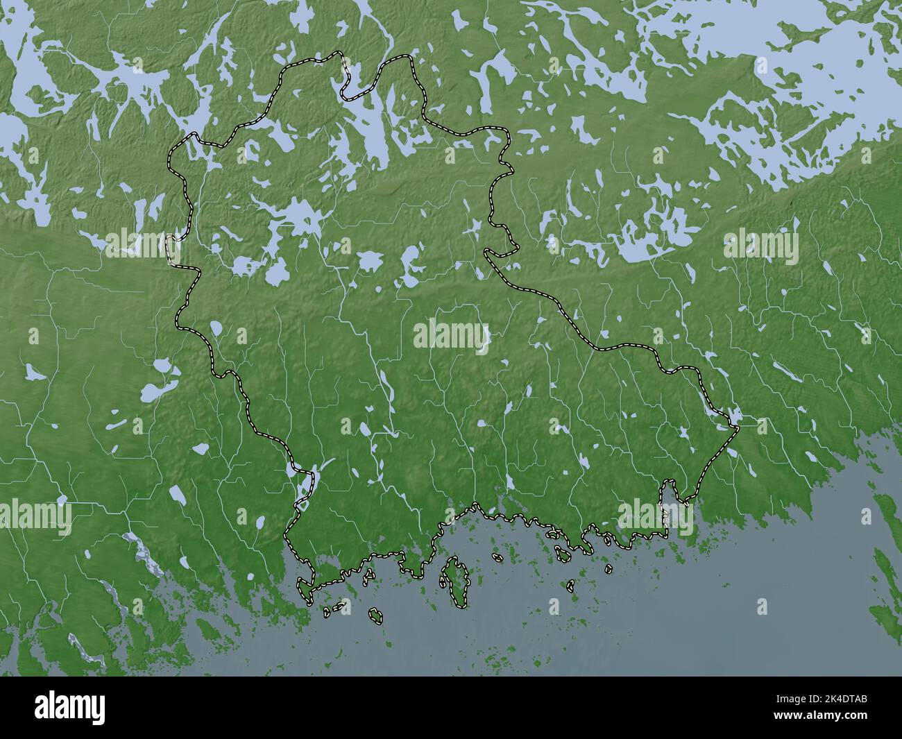 Kymenlaakso, regione della Finlandia. Mappa dell'altitudine colorata in stile wiki con laghi e fiumi Foto Stock