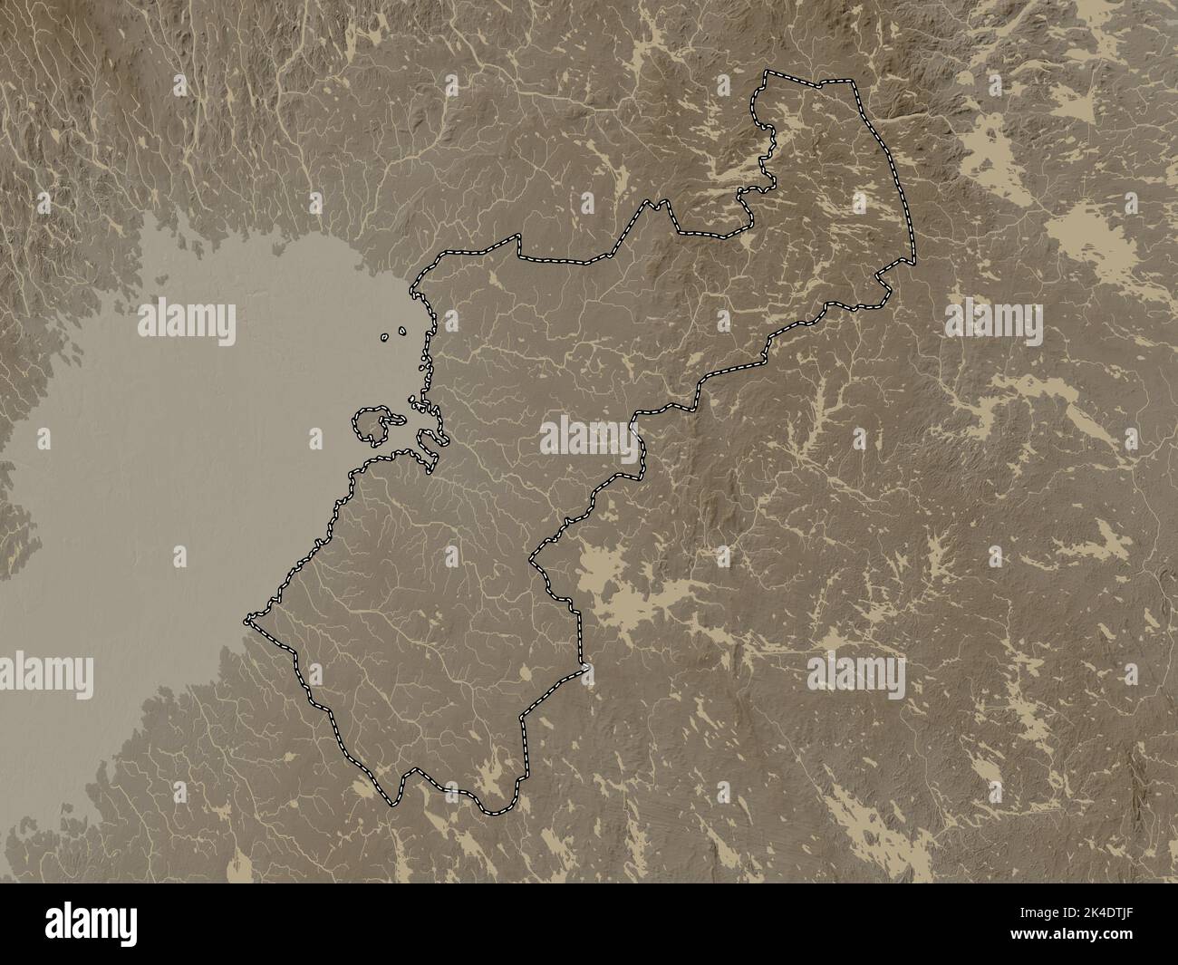 Ostrobothnia settentrionale, regione della Finlandia. Mappa dell'altitudine colorata in tonalità seppia con laghi e fiumi Foto Stock