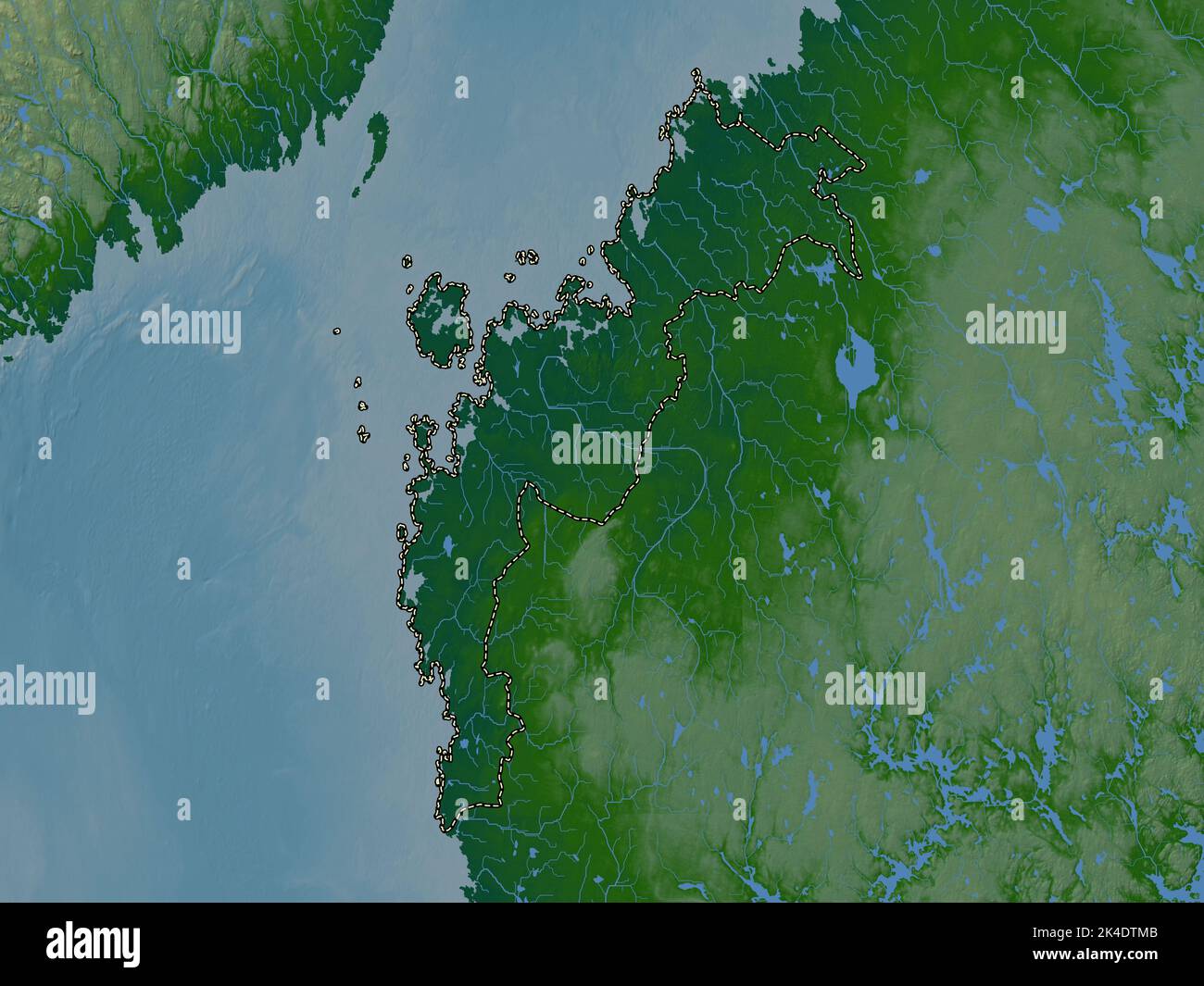 Ostrobothnia, regione della Finlandia. Mappa di altitudine colorata con laghi e fiumi Foto Stock