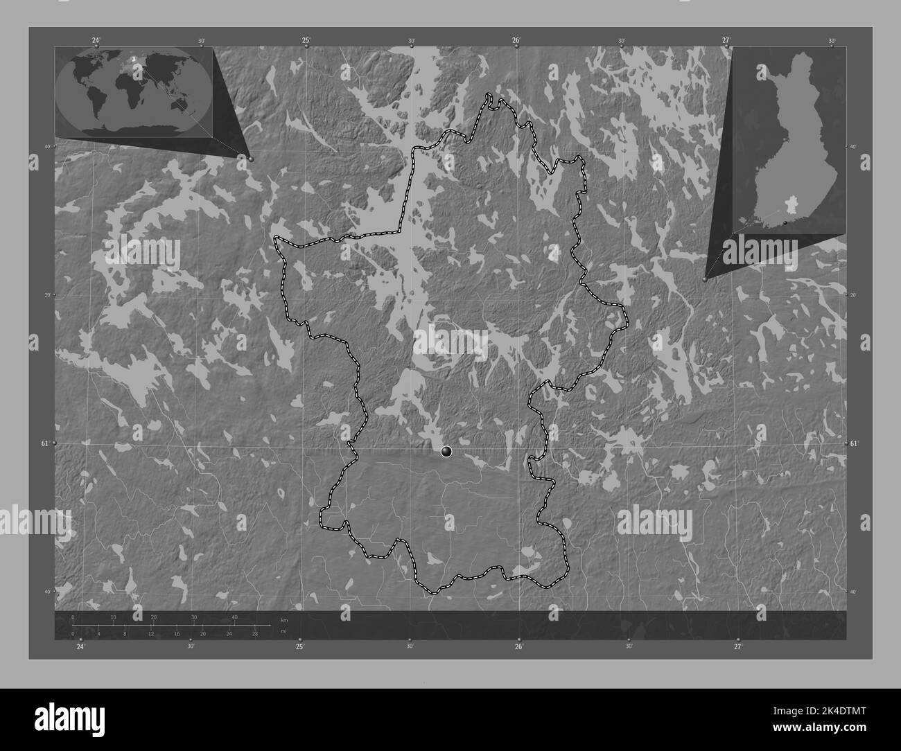 Paijanne Tavastia, regione della Finlandia. Mappa altimetrica bilivello con laghi e fiumi. Mappe delle posizioni ausiliarie degli angoli Foto Stock