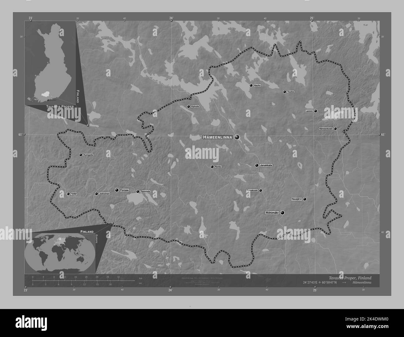 Tavastia propriamente detta, regione della Finlandia. Mappa in scala di grigi con laghi e fiumi. Località e nomi delle principali città della regione. Angolo ausiliario Foto Stock