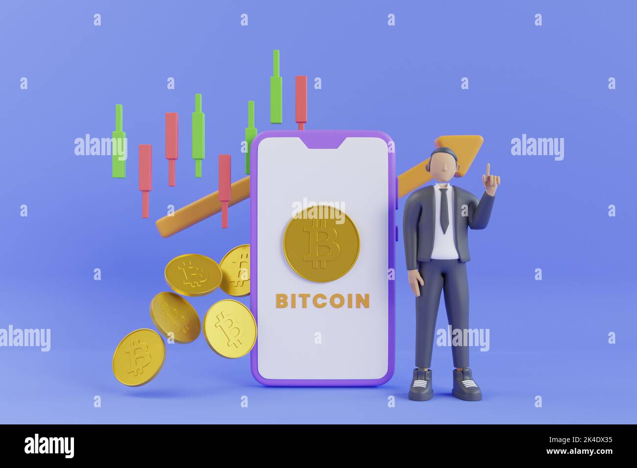 Scambiare Bitcoin su dispositivi mobili attraverso il sistema Cryptocurrency. Scambio Bitcoin. 3d illustrazione della tecnologia blockchain, bitcoin, altcoins, criptocurren Foto Stock