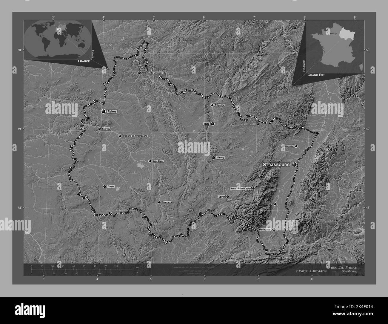 Grand Est, regione della Francia. Mappa altimetrica bilivello con laghi e fiumi. Località e nomi delle principali città della regione. Posizione ausiliaria ad angolo Foto Stock