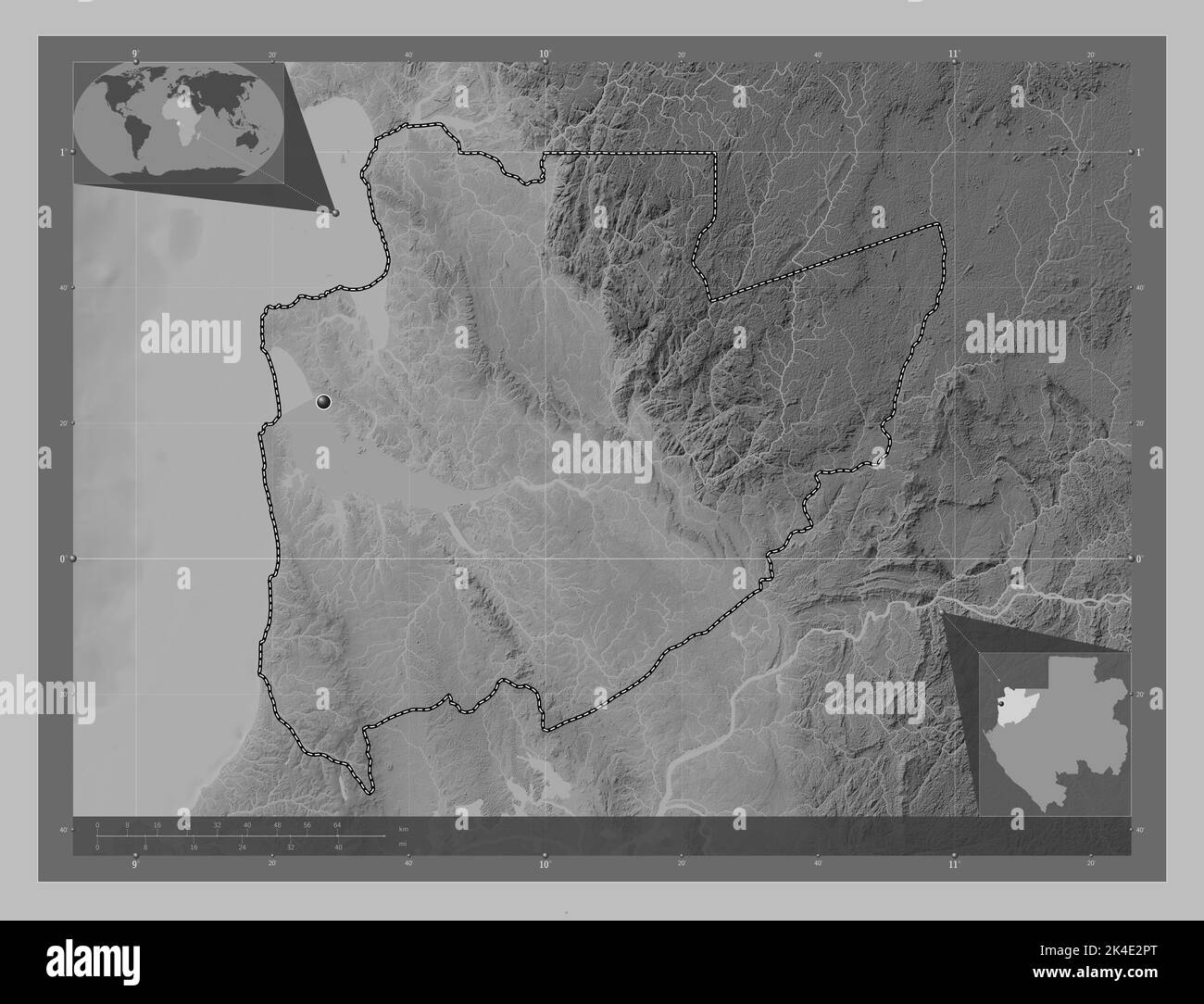 Estuaire, provincia del Gabon. Mappa in scala di grigi con laghi e fiumi. Mappe delle posizioni ausiliarie degli angoli Foto Stock