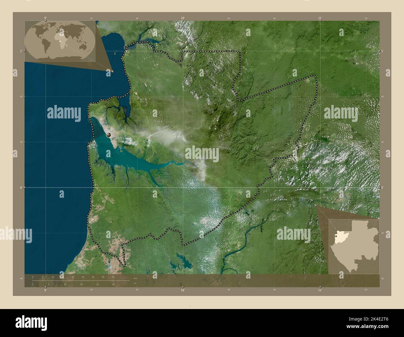 Estuaire, provincia del Gabon. Mappa satellitare ad alta risoluzione. Mappe delle posizioni ausiliarie degli angoli Foto Stock