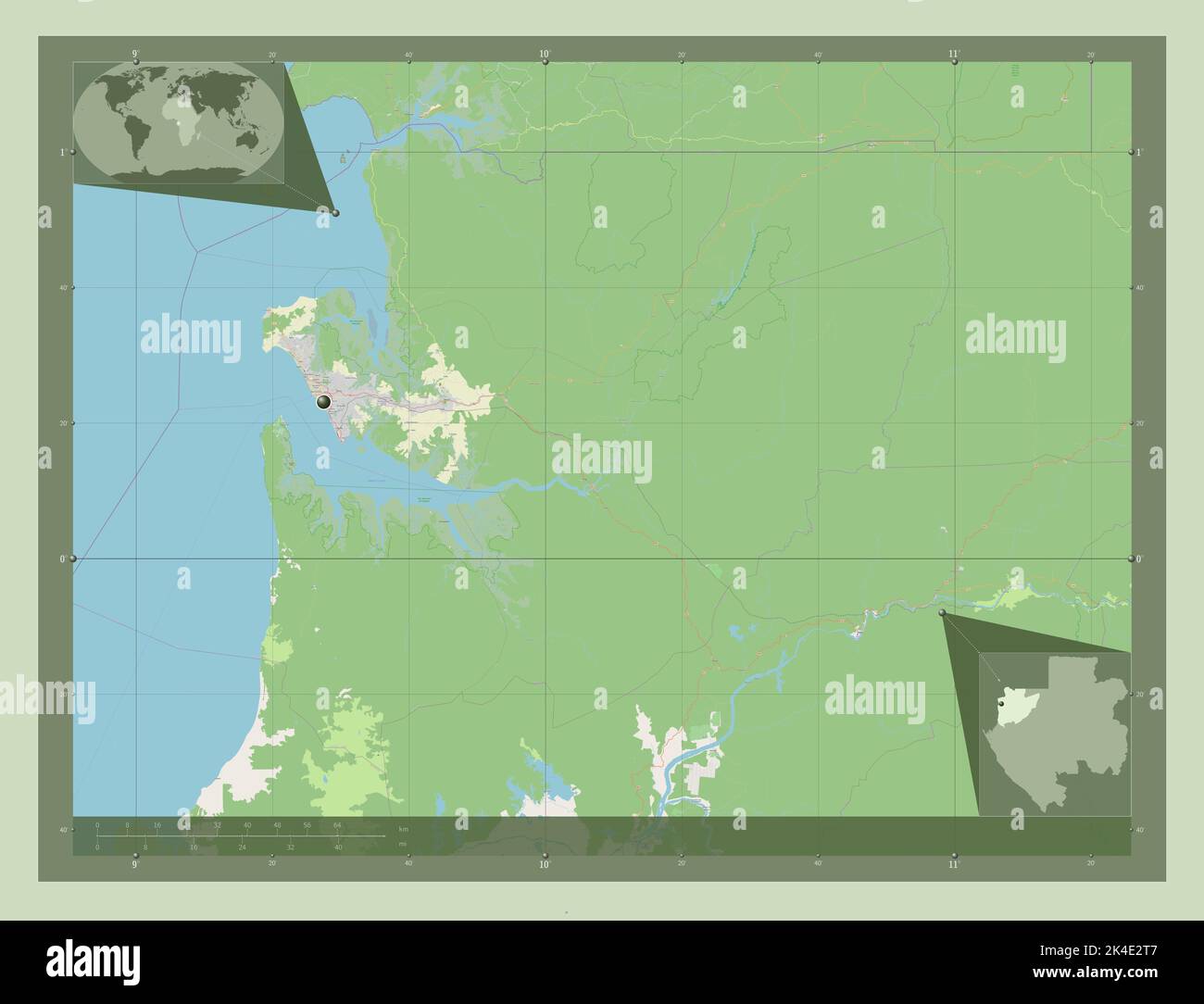 Estuaire, provincia del Gabon. Aprire la mappa stradale. Mappe delle posizioni ausiliarie degli angoli Foto Stock