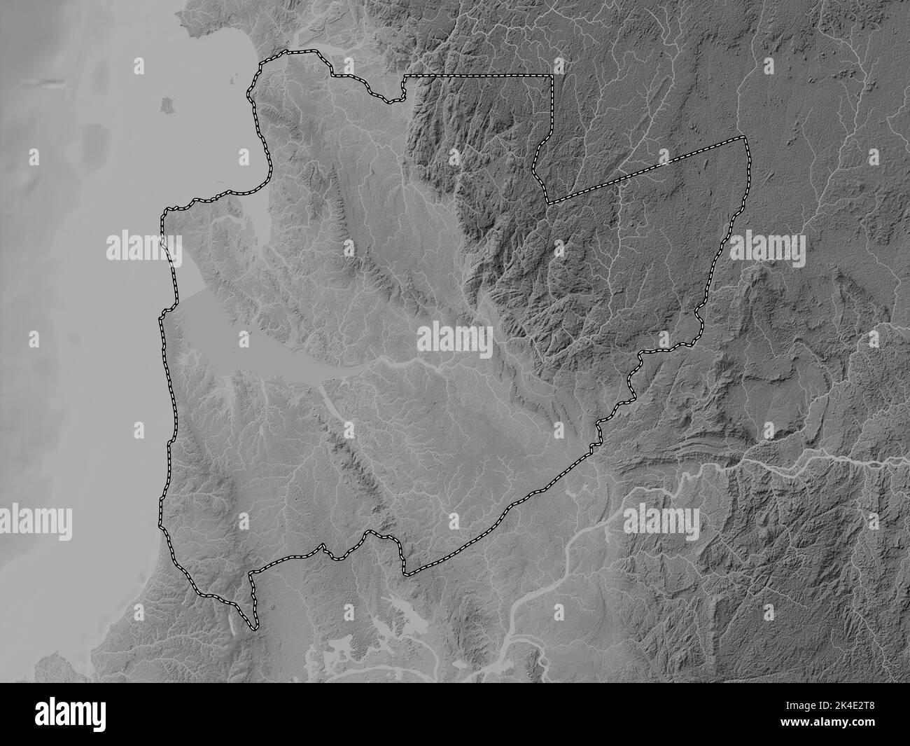 Estuaire, provincia del Gabon. Mappa in scala di grigi con laghi e fiumi Foto Stock