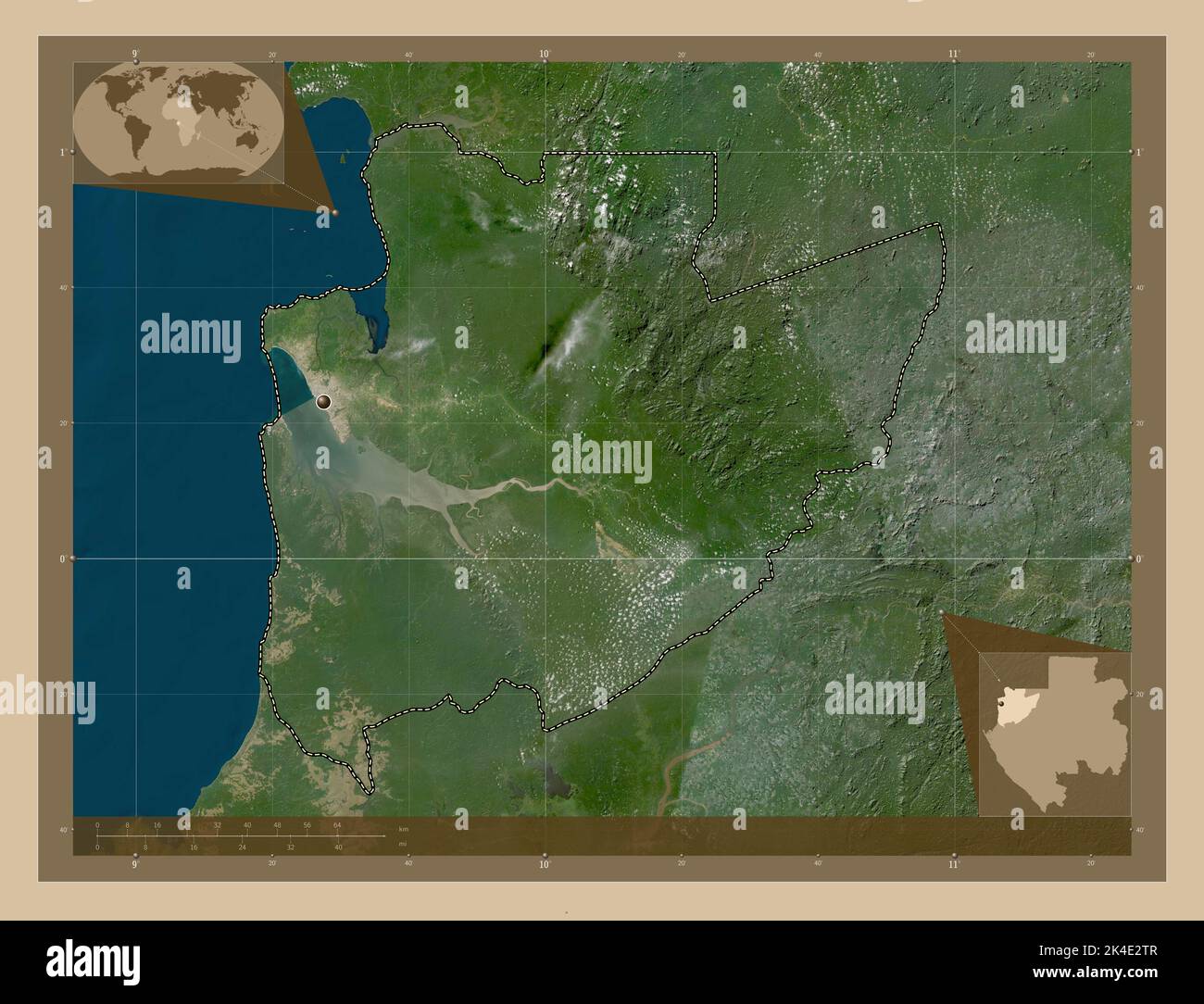 Estuaire, provincia del Gabon. Mappa satellitare a bassa risoluzione. Mappe delle posizioni ausiliarie degli angoli Foto Stock