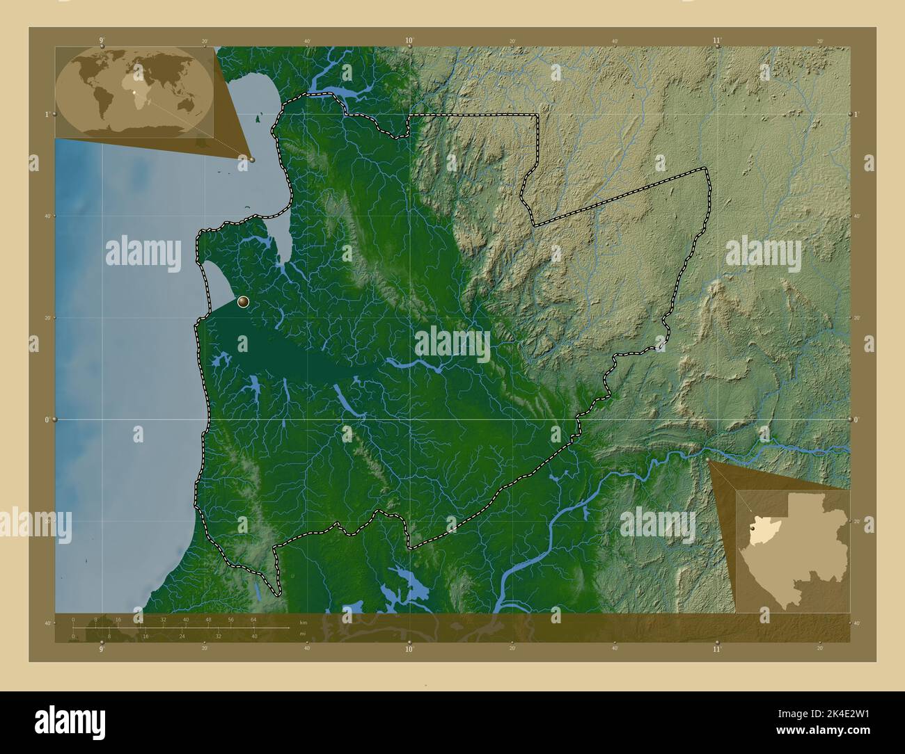 Estuaire, provincia del Gabon. Mappa di altitudine colorata con laghi e fiumi. Mappe delle posizioni ausiliarie degli angoli Foto Stock