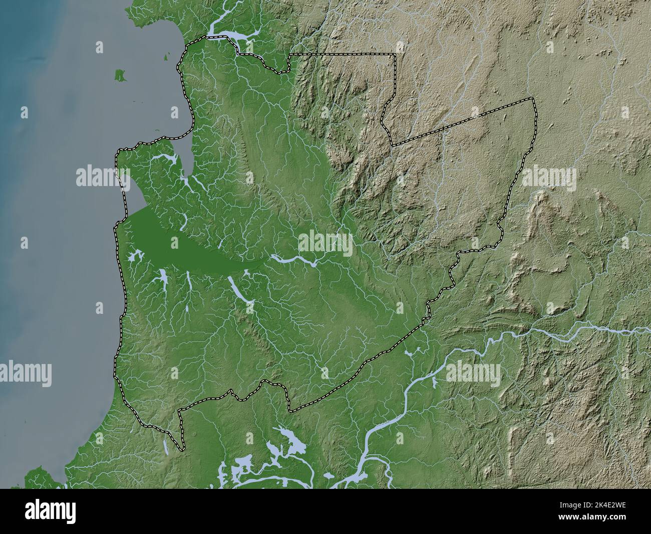 Estuaire, provincia del Gabon. Mappa dell'altitudine colorata in stile wiki con laghi e fiumi Foto Stock