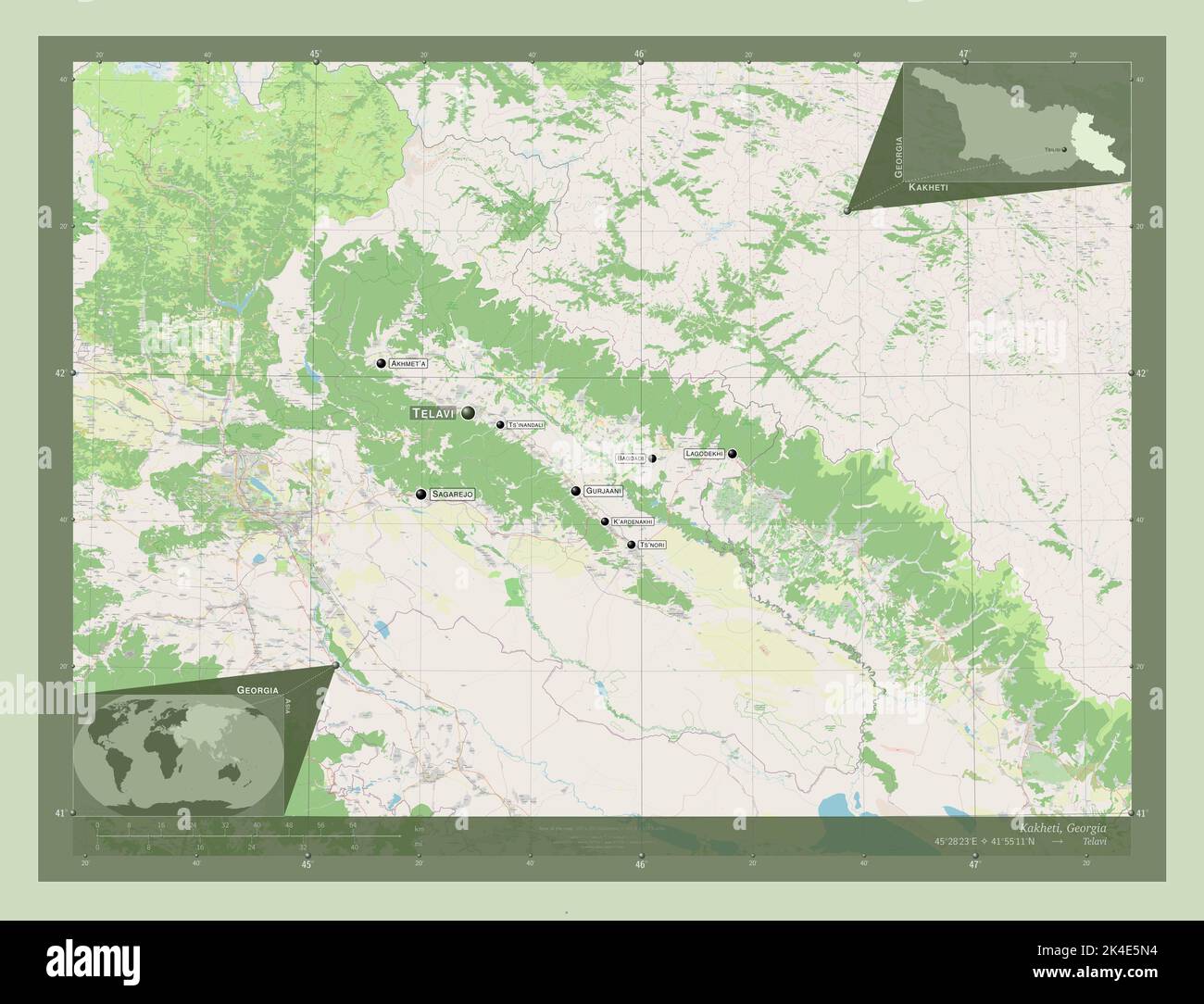 Kakheti, regione della Georgia. Aprire la mappa stradale. Località e nomi delle principali città della regione. Mappe delle posizioni ausiliarie degli angoli Foto Stock