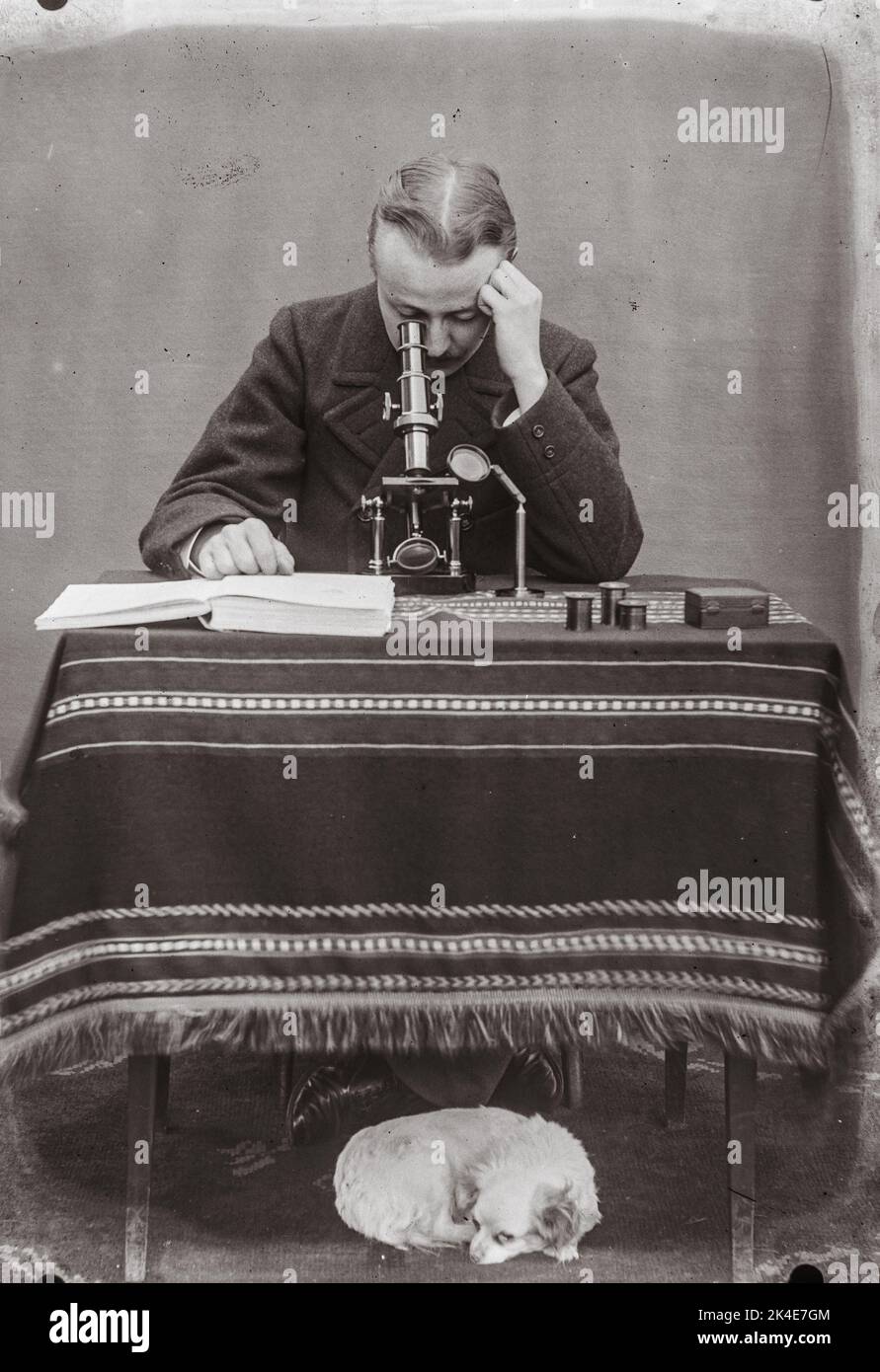 Scienziato al lavoro - mircroscopio acromatico - Normandia, Francia all'inizio degli anni '1900s Foto Stock