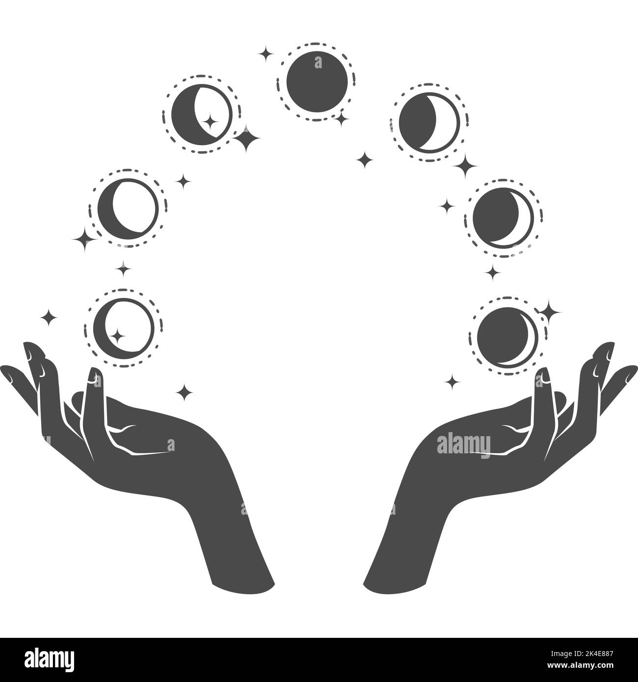 Mani giocolieri con fasi della Luna, divinazione magia della fase lunare, vettore Illustrazione Vettoriale