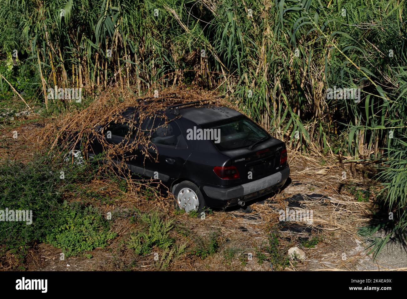 Corfù, Grecia. 02 settembre 2022: Auto vecchia abbandonata, nascosta nei cespugli. Foto Stock