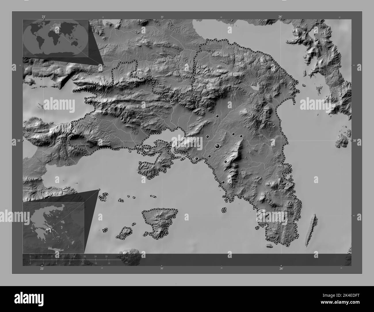 Atene, amministrazione decentrata della Grecia. Mappa altimetrica bilivello con laghi e fiumi. Posizioni delle principali città della regione. Angolo ausiliario Foto Stock