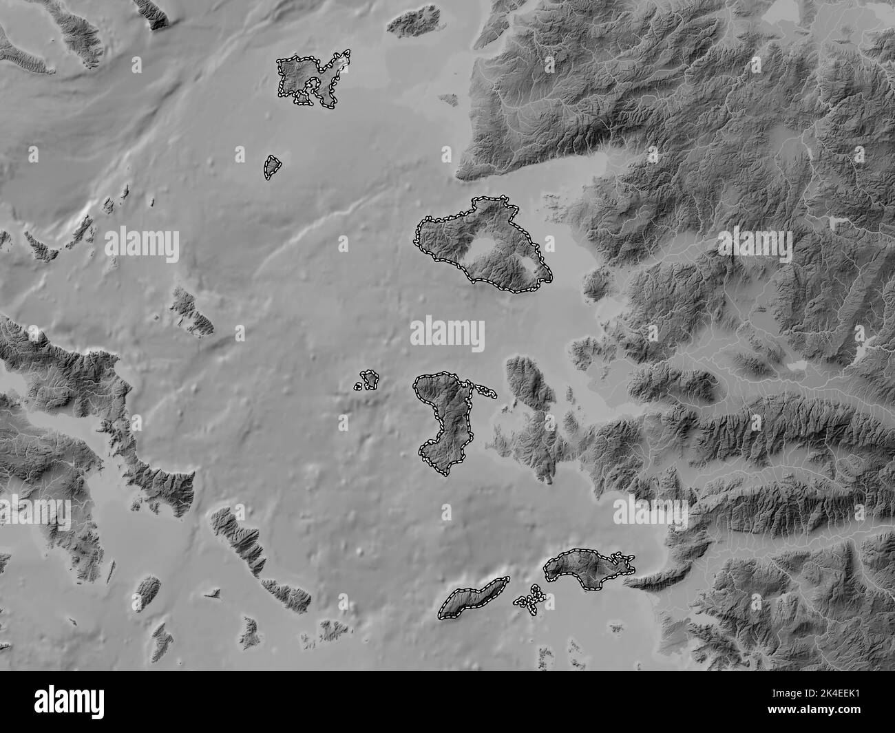 Egeo settentrionale, amministrazione decentrata della Grecia. Mappa in scala di grigi con laghi e fiumi Foto Stock