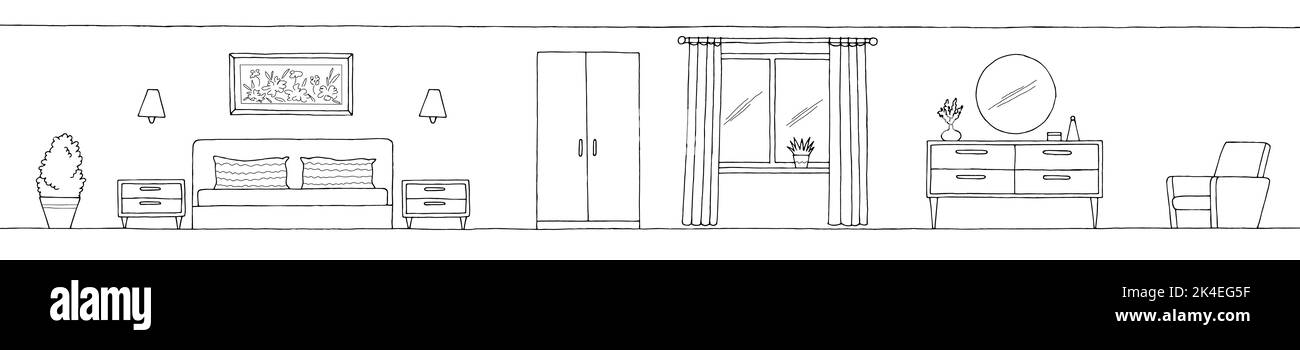 Camera da letto grafica nero bianco casa interno lungo schizzo vettore di illustrazione Illustrazione Vettoriale