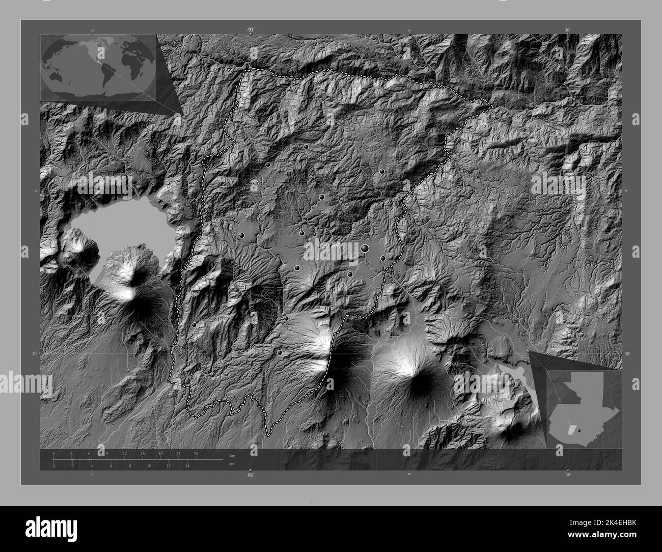 Chimaltenango, dipartimento del Guatemala. Mappa altimetrica bilivello con laghi e fiumi. Posizioni delle principali città della regione. Posizione ausiliaria angolo Foto Stock