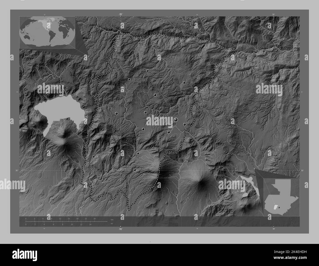 Chimaltenango, dipartimento del Guatemala. Mappa in scala di grigi con laghi e fiumi. Posizioni delle principali città della regione. Posizione ausiliaria d'angolo Foto Stock