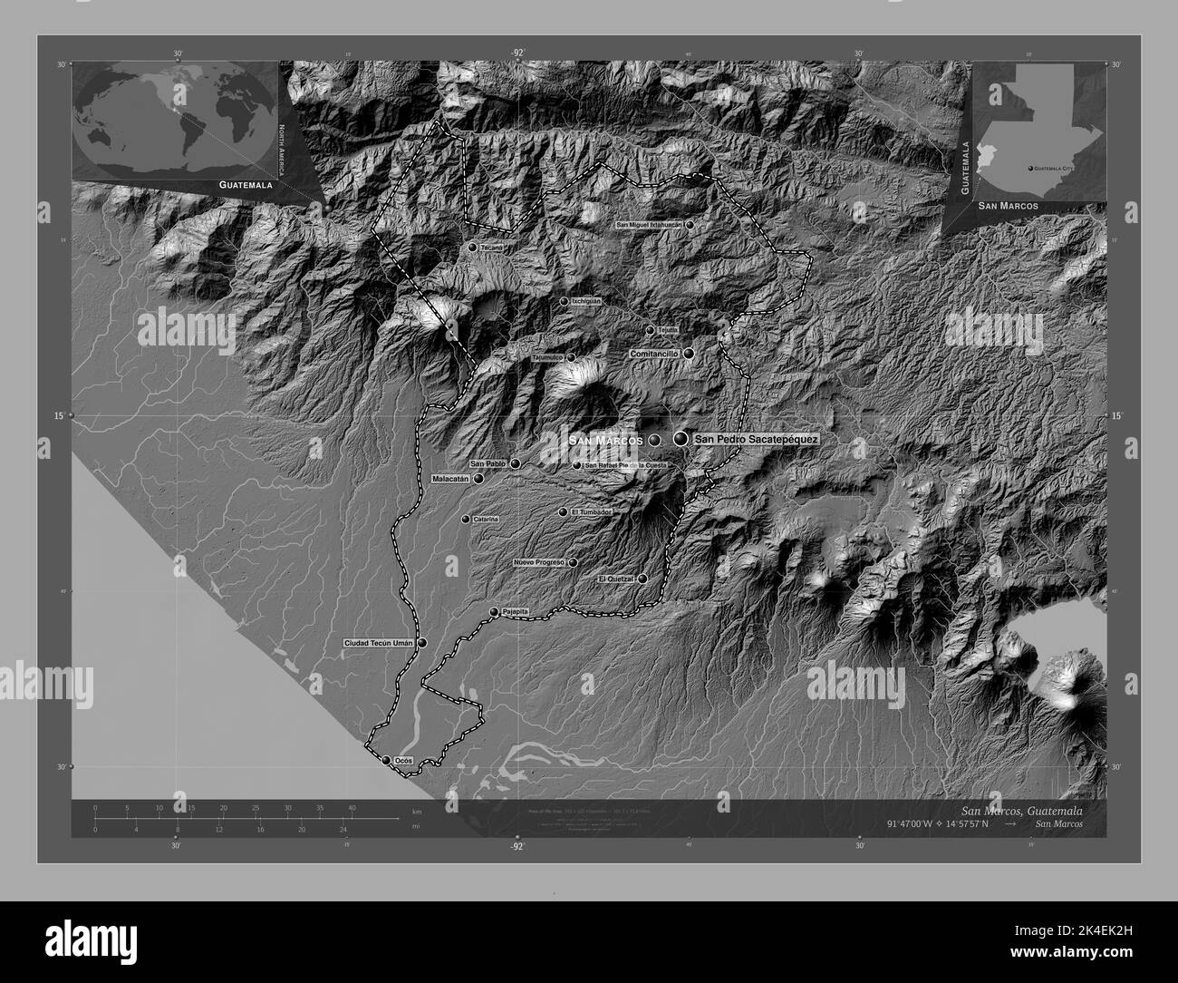 San Marcos, dipartimento del Guatemala. Mappa altimetrica bilivello con laghi e fiumi. Località e nomi delle principali città della regione. Angolo ausiliario Foto Stock