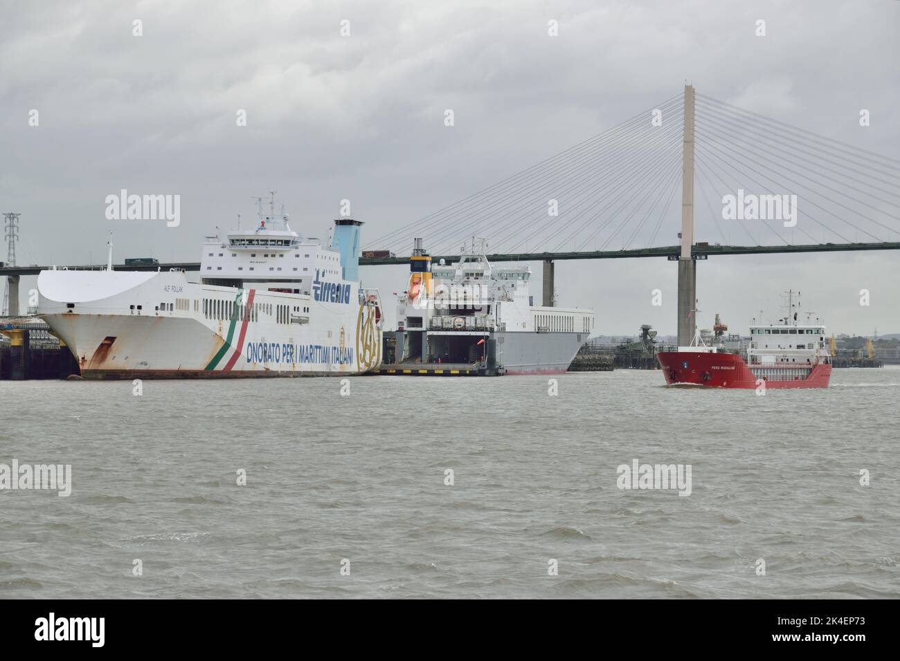 I traghetti RO-Ro cargo che vengono caricati a Purfleet mentre le navi da carico entranti ALIMENTANO ROGALAND si dirigono verso il Tamigi dopo essere passati sotto il Dartford Crossing Foto Stock