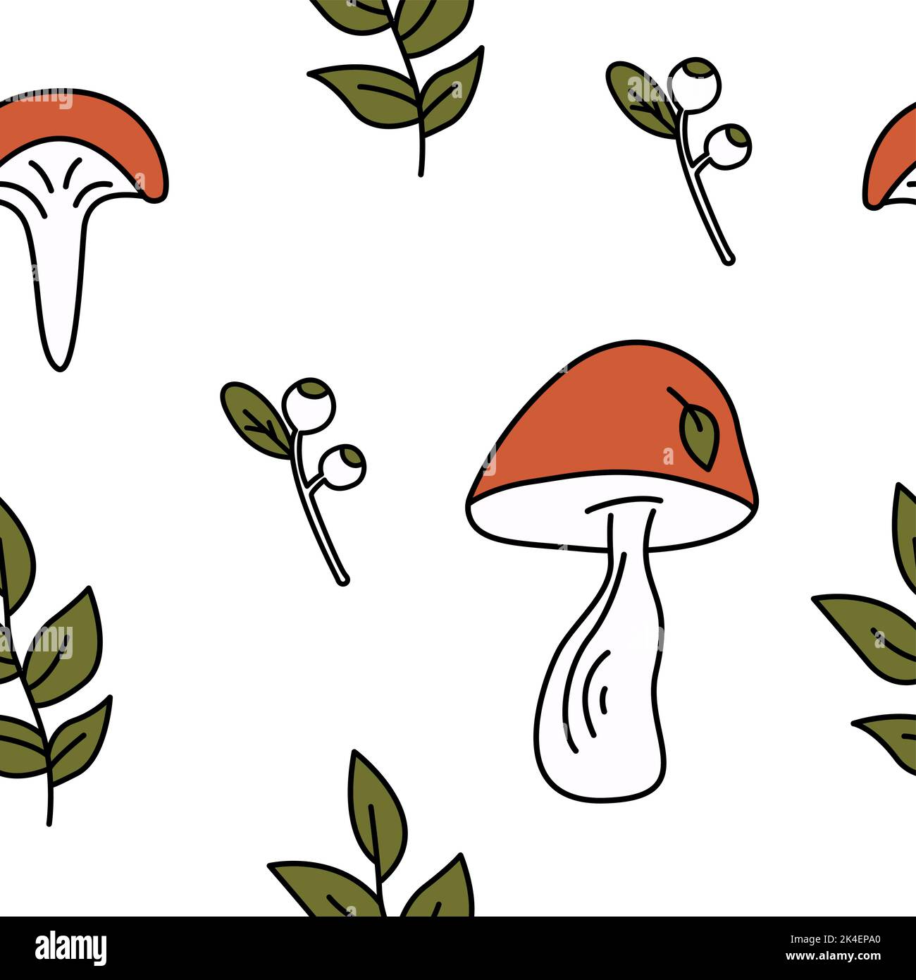 Carino modello a foglia di fungo autunno. Doodle funghi colorati, bacche e foglie sfondo autunno. Motivo senza interruzioni. Disegno a mano accogliente vettore Illustrazione Vettoriale