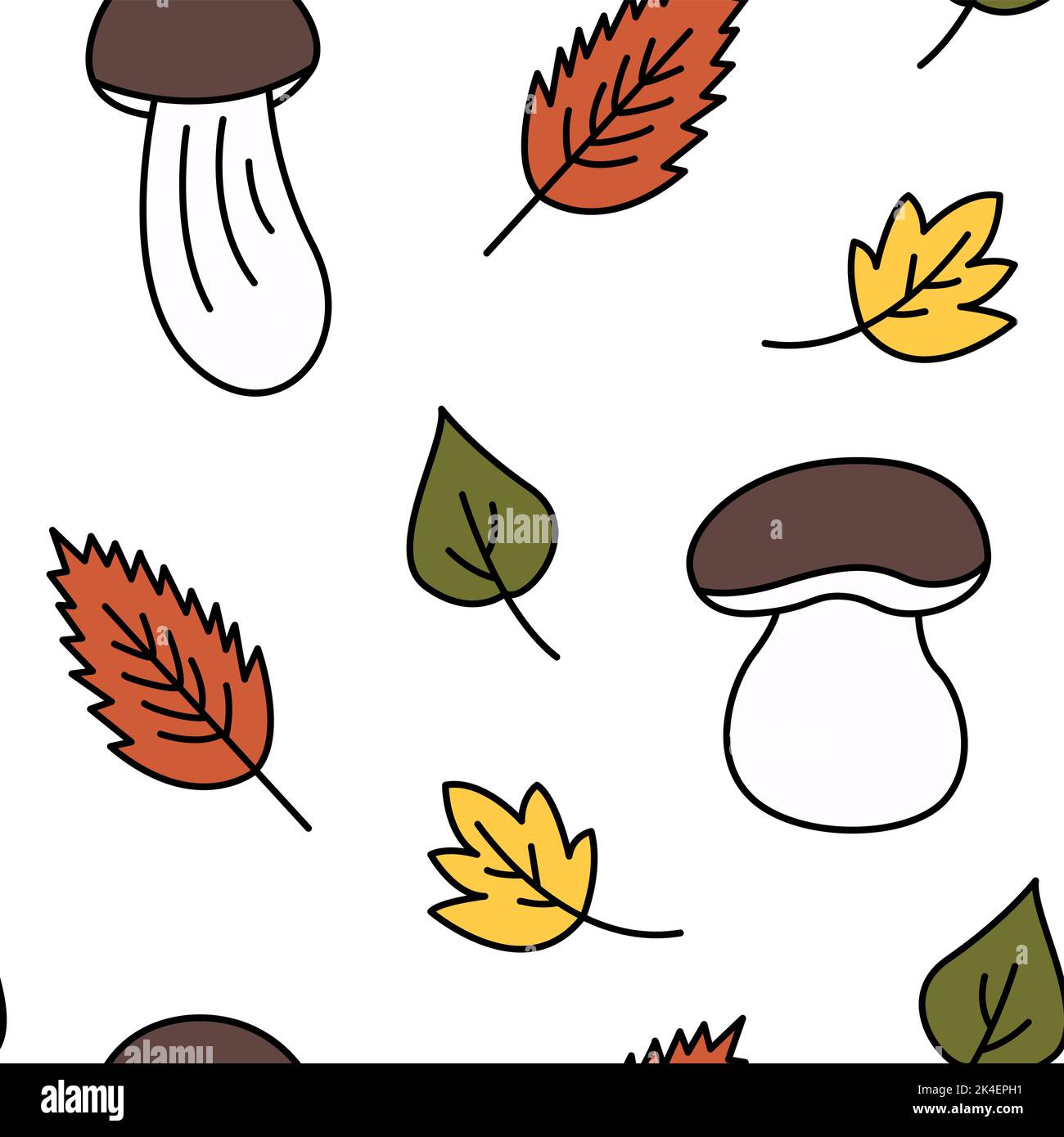 Carino modello a foglia di fungo autunno. Doodle funghi colorati e foglie sfondo autunno. Motivo senza interruzioni. Illustrazione vettoriale intima disegnata a mano Illustrazione Vettoriale