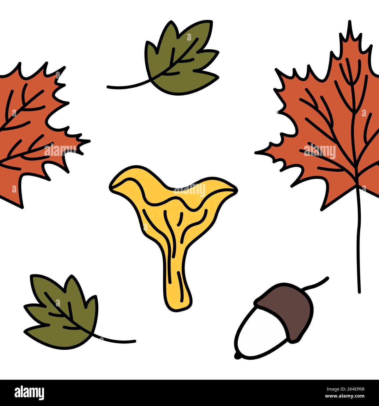 Carino modello a foglia di fungo autunno. Doodle funghi colorati e foglie sfondo autunno. Motivo senza interruzioni. Illustrazione vettoriale intima disegnata a mano Illustrazione Vettoriale