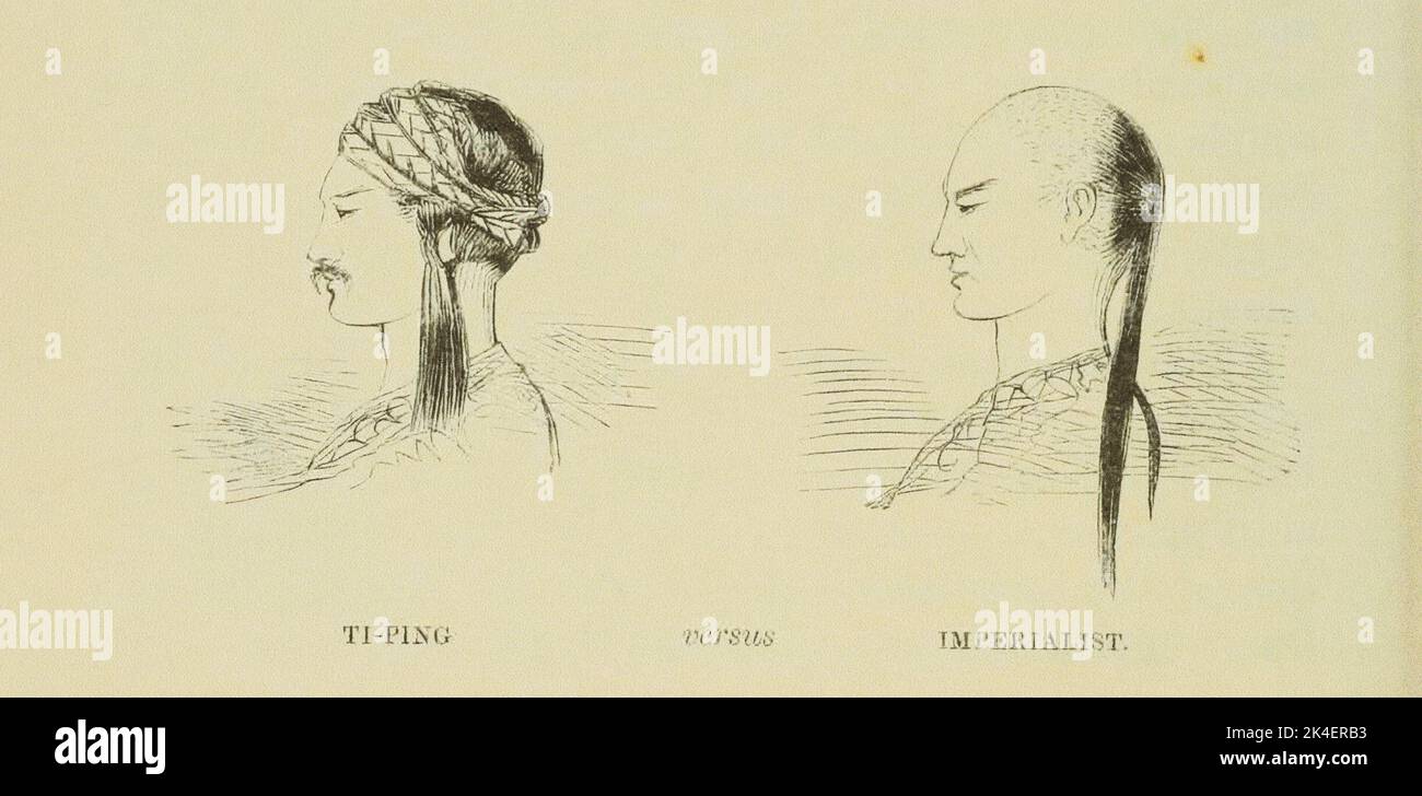 Hair Style Illustraion, ti-Ping versus imperialist, da 'ti-ping tien-kwoh, la storia della rivoluzione ti-ping,' data di pubblicazione 1866, autore Augustus Frederick Lindley (1840-1873) Foto Stock