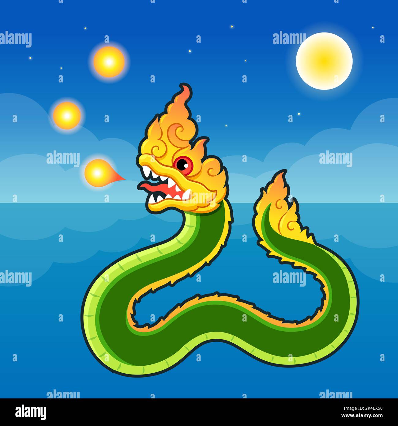 Naga festival di palla di fuoco sul fiume Mekong in Thailandia. Serpente Naga che respira il fuoco in stile cartone animato moderno. Illustrazione della clip vettoriale. Illustrazione Vettoriale