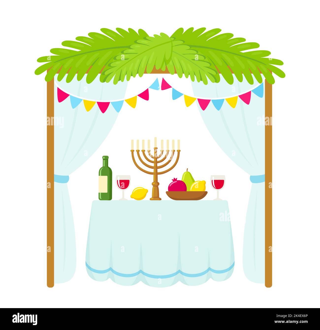 Tradizionale capanna Sukkah con decorazioni e tavolo con cibo per vacanze ebraiche Sukkot. Disegno carino del cartone animato, illustrazione isolata del vettore. Illustrazione Vettoriale