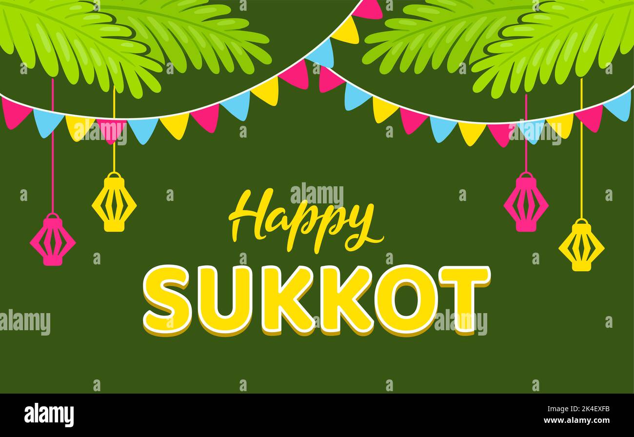 Happy Sukkot, banner festivo ebraico. Decorazioni di Sukkah, foglie di palma, bandiere e lanterne di carta. Disegno di cartoni piani, illustrazione vettoriale. Illustrazione Vettoriale