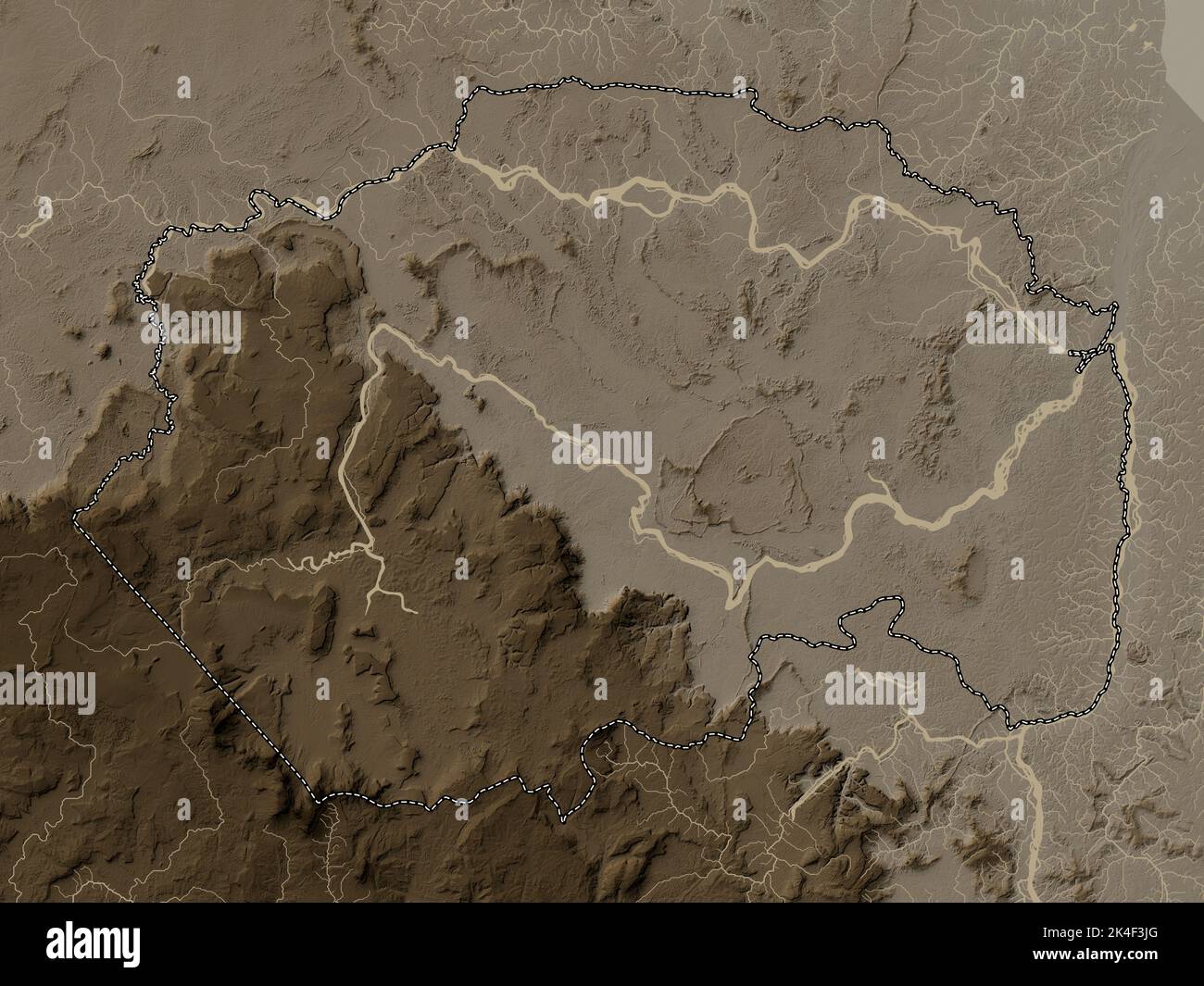 Cuyuni-Mazaruni, regione della Guyana. Mappa dell'altitudine colorata in tonalità seppia con laghi e fiumi Foto Stock