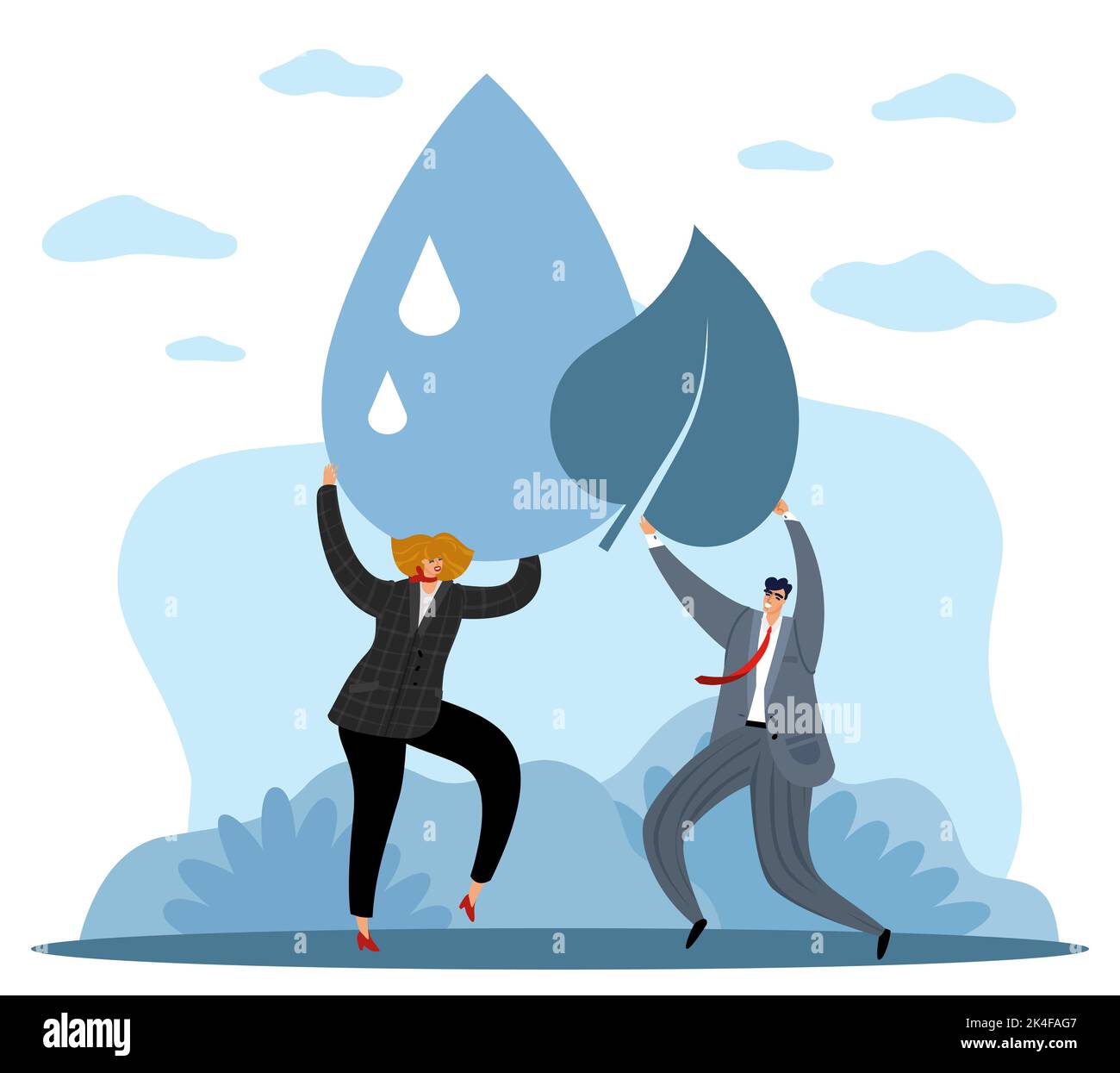 Acqua pulita, qualità dell'oceano, del mare o del fiume, ambiente di acqua di rubinetto. Piccolo uomo e donna con goccia e foglia. Bere sano sostenibile H2O. Sicuro puro Illustrazione Vettoriale