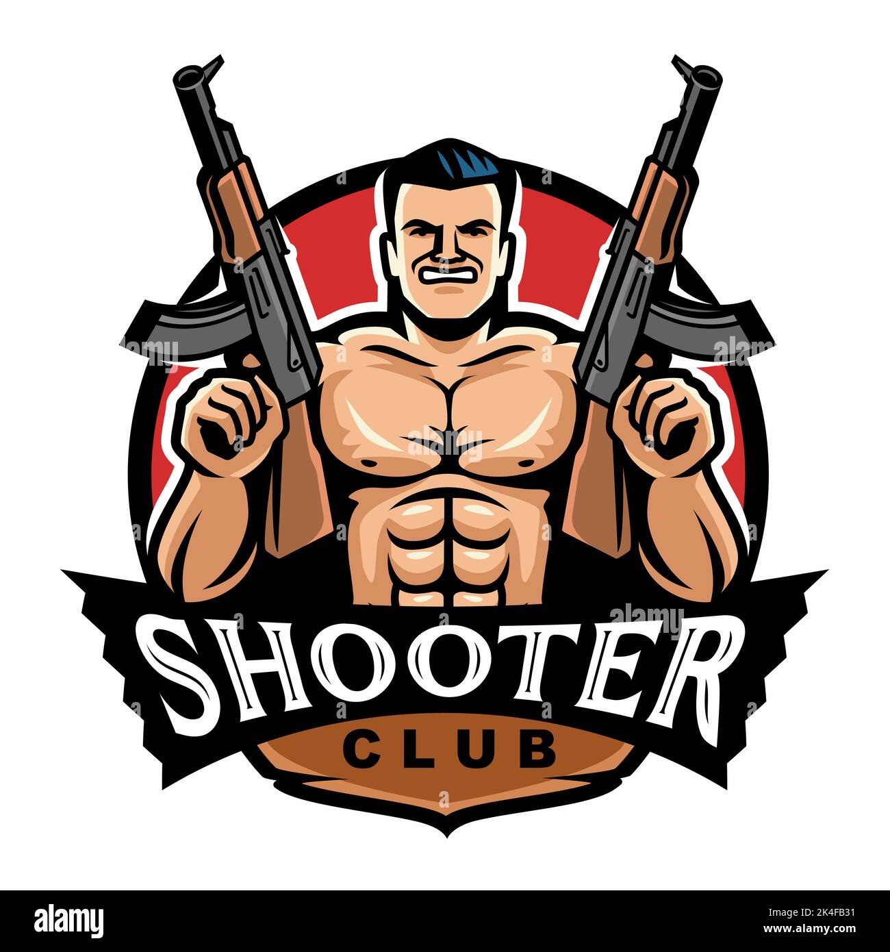 Emblema dello shooter club. Uomo muscoloso con mitragliatrici. Illustrazione del vettore cartoon Illustrazione Vettoriale