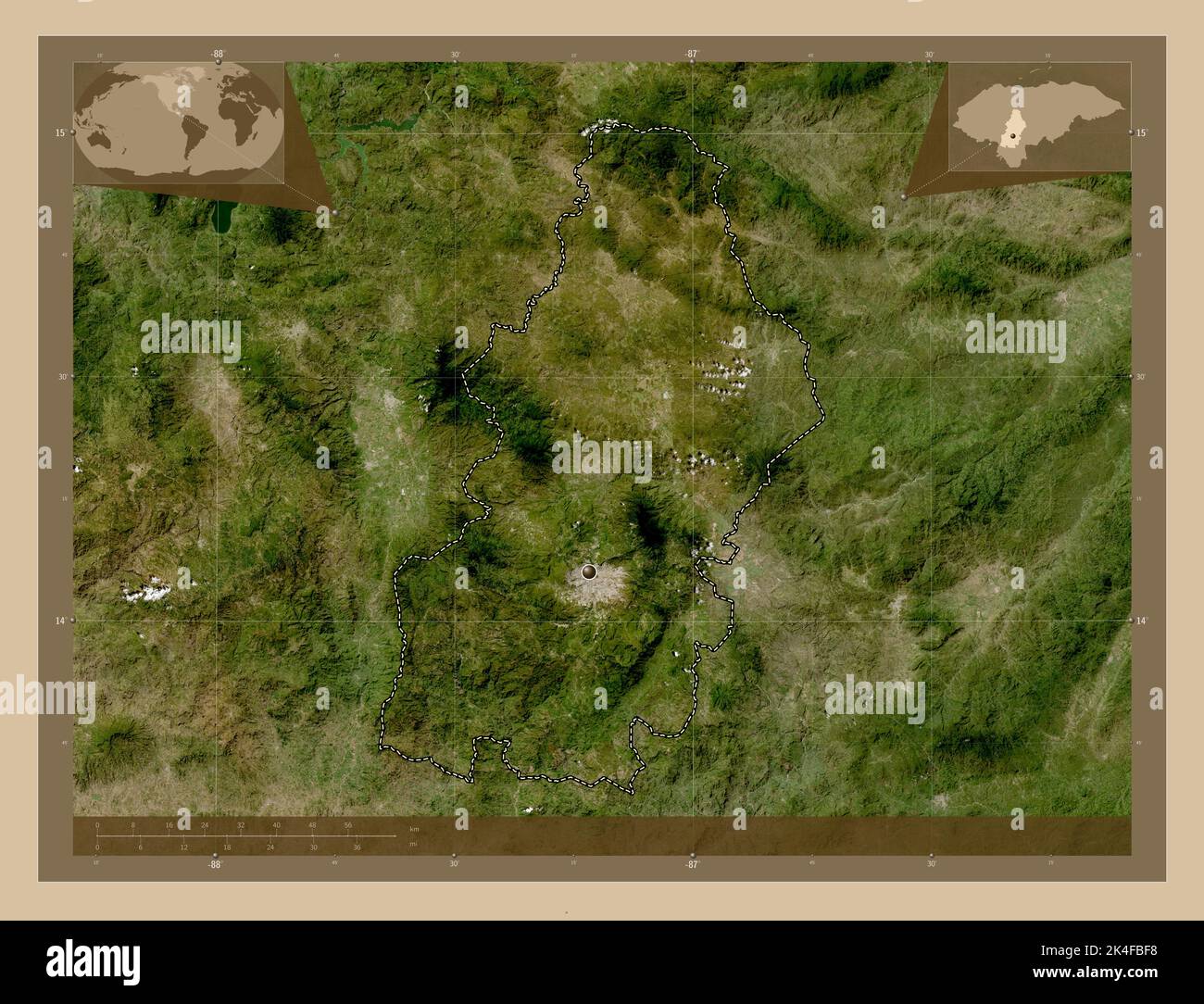 Francisco Morazan, dipartimento dell'Honduras. Mappa satellitare a bassa risoluzione. Mappe delle posizioni ausiliarie degli angoli Foto Stock