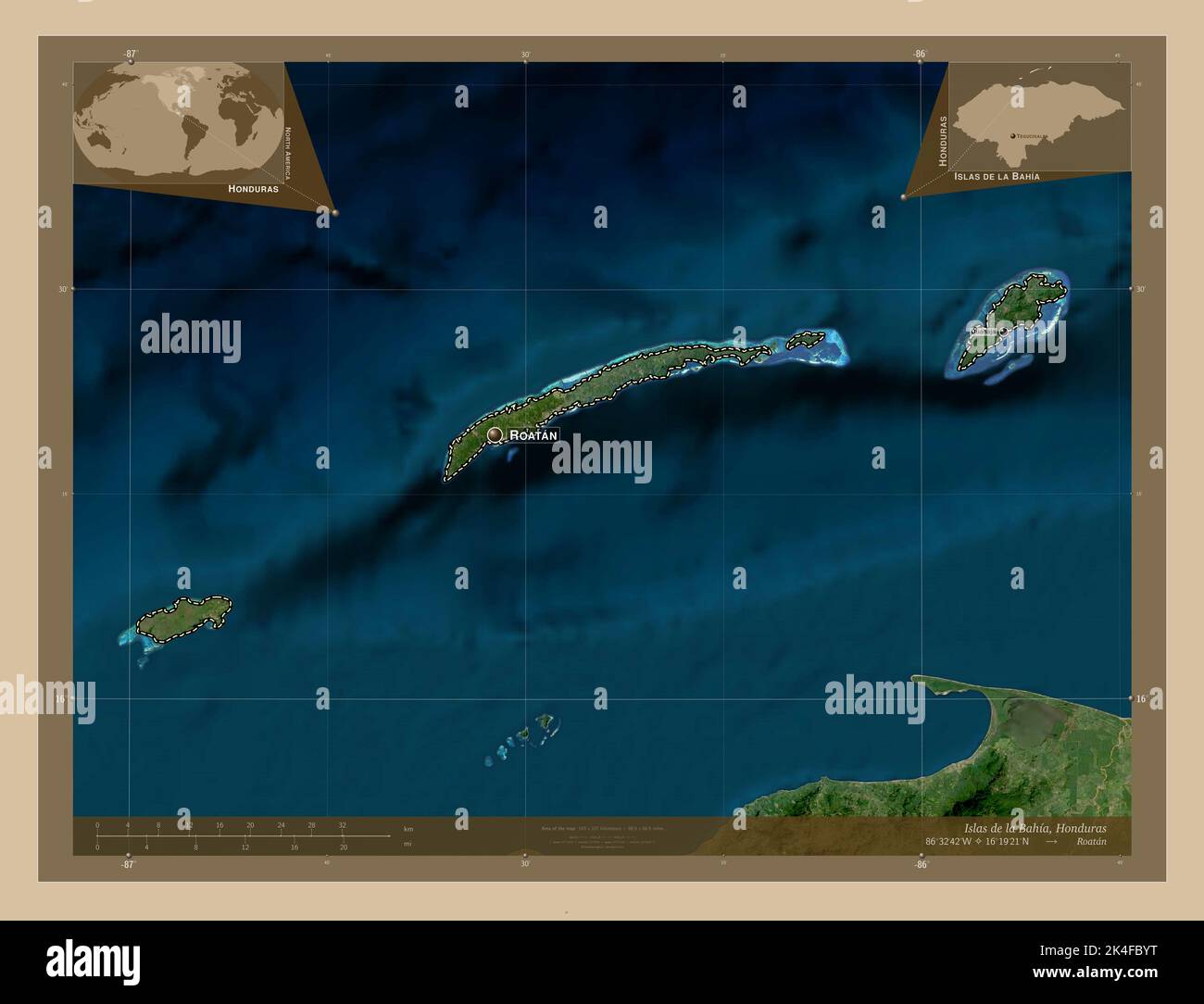 Islas de la Bahia, dipartimento dell'Honduras. Mappa satellitare a ...