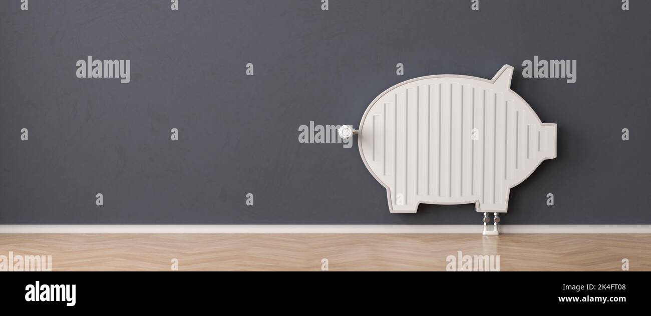 Concetto di risparmio di energia termica. Un radiatore sotto forma di un banco di porcellini. Spazio di copia disponibile - formato banner Web. Foto Stock