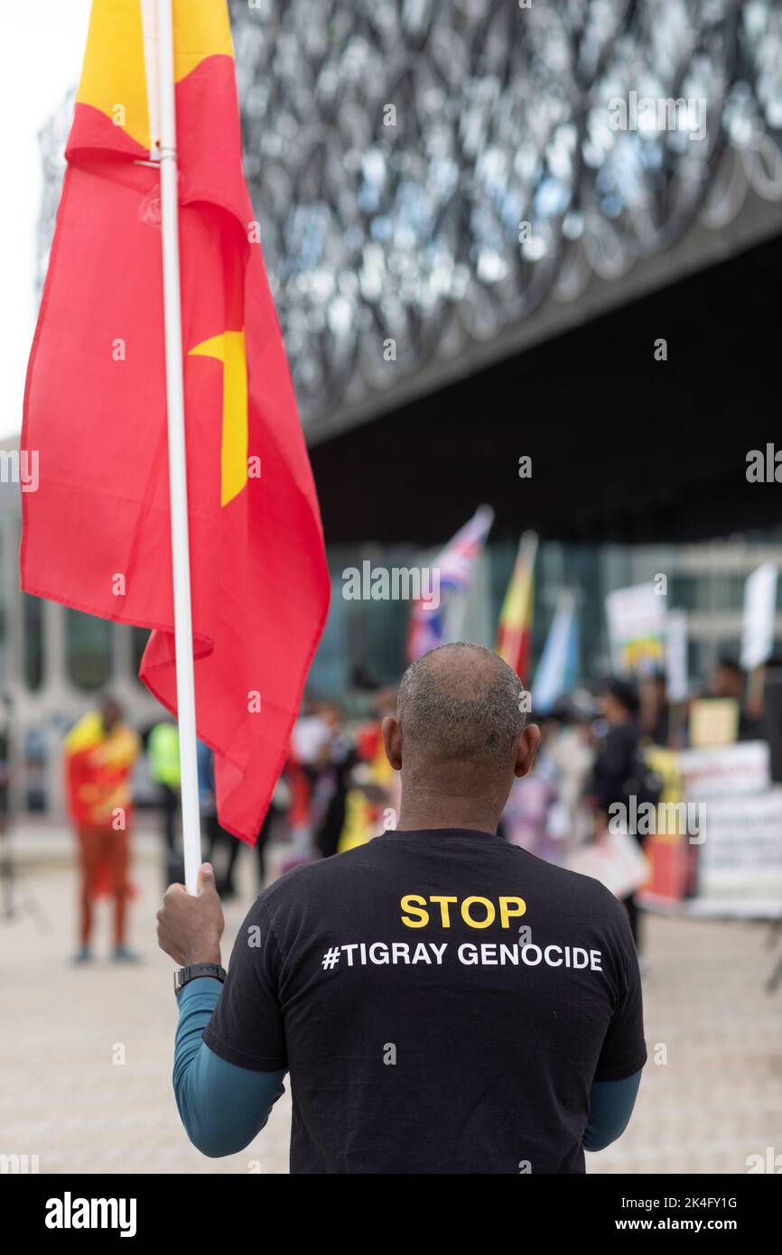 Fermatevi al Tigray Genocide Protestor nel centro di Birmingham, regno unito Foto Stock